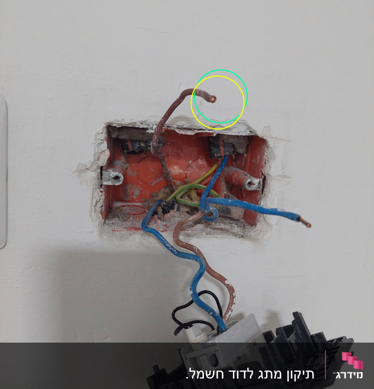 חוטי חשמל חשופים בקיר עם מתג מנותק